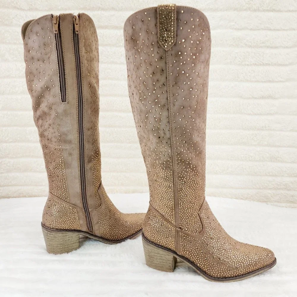 Wild Ones Glamour Cowboy Taupe Coco Rhinestone Western Cowgirl Boots Tuck Zipper